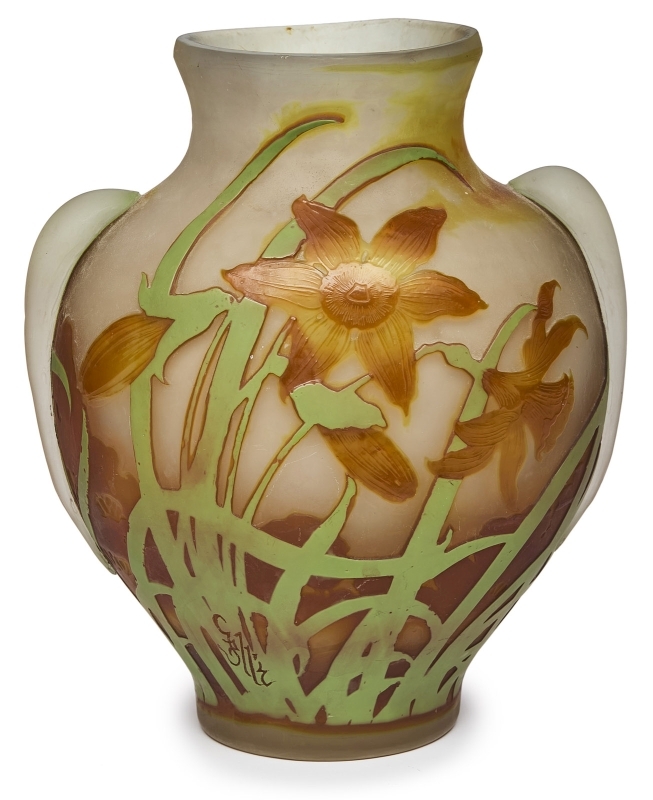 Gr. Vase "Blüten im Abendlicht", Jugendstil, Gallé um 1905.